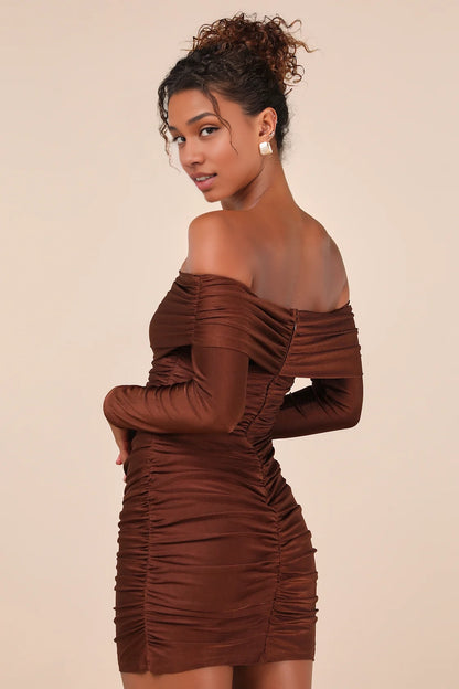 OKBBN stunning off shoulder pleated mini tight knit collar slim fit silhouette Homecoming Dresses