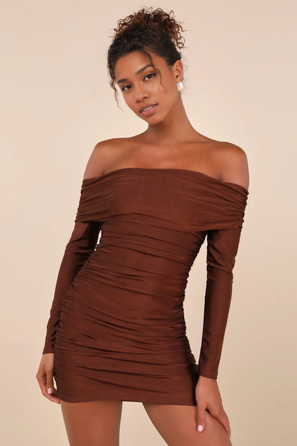 OKBBN stunning off shoulder pleated mini tight knit collar slim fit silhouette Homecoming Dresses
