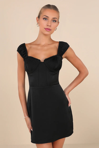 OKBBN sweet and compact woven satin pleated elastic shoulder straps with ruffled edges, heart-shaped neckline, tight corset Homecoming Dresses
