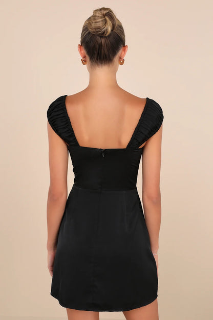 OKBBN sweet and compact woven satin pleated elastic shoulder straps with ruffled edges, heart-shaped neckline, tight corset Homecoming Dresses