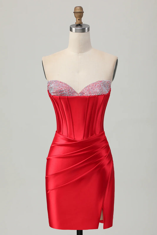 OKBBN tight off shoulder waistband satin short slit Homecoming Dresses