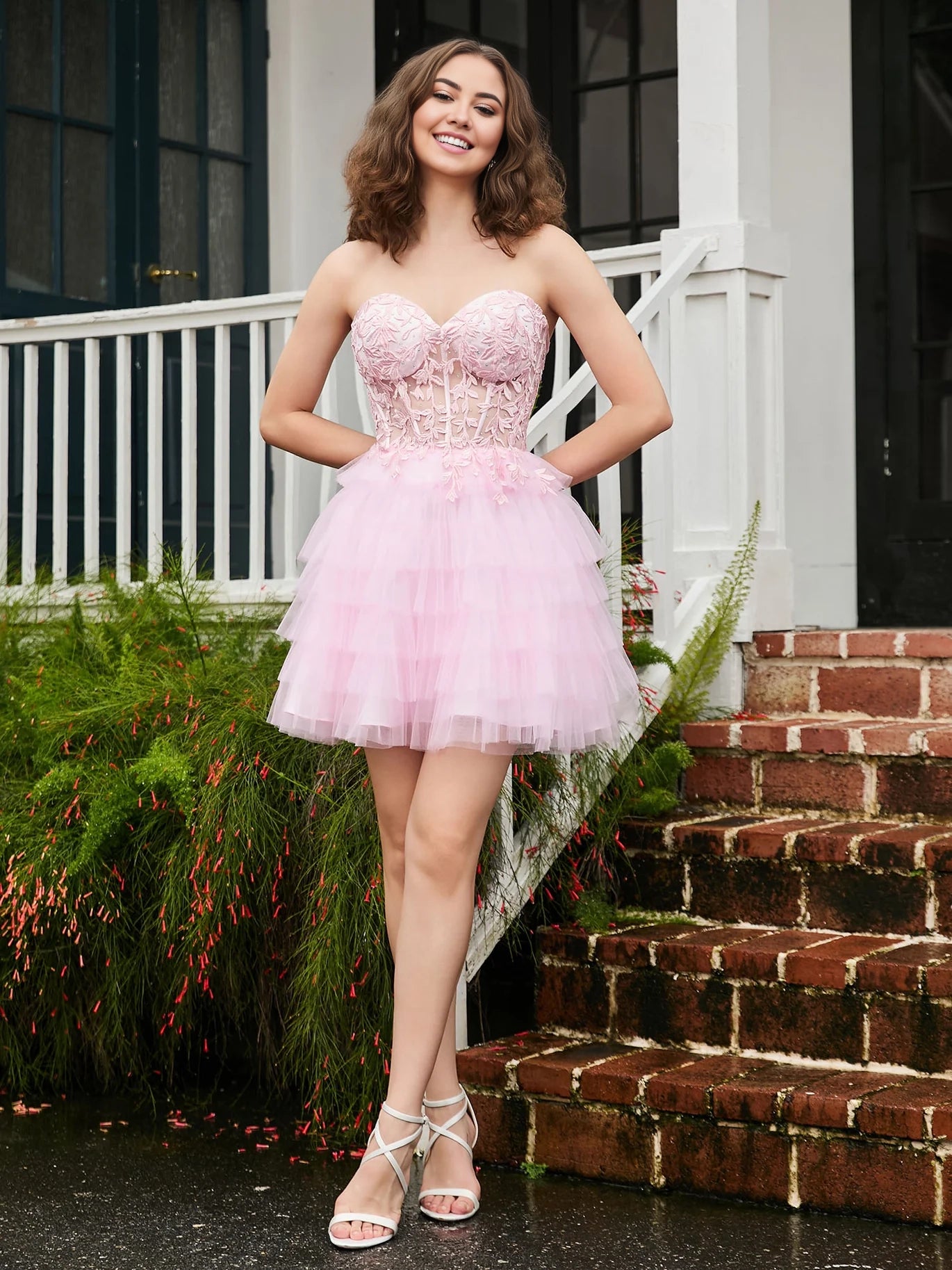 OKBBN transparent decal tight corset layered sheer short Homecoming Dresses