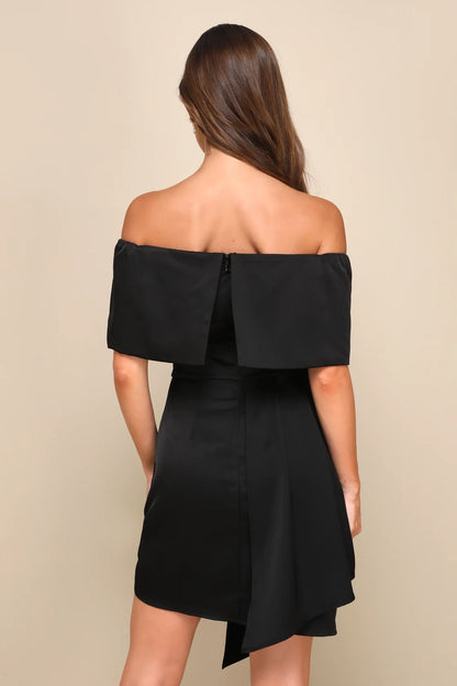 OKBBN woven satin off shoulder mini off shoulder collar slanted collar tight corset high waisted pleated Homecoming Dresses