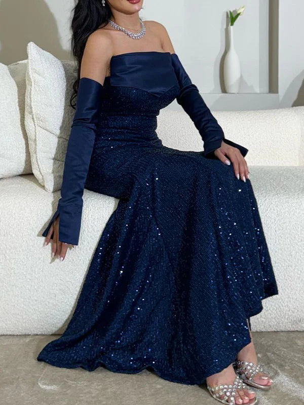 Off-Shoulder Sequin Mermaid Prom Dress with Satin Contrast, Detachable Long Gloves & Fitted Train Evening Gown