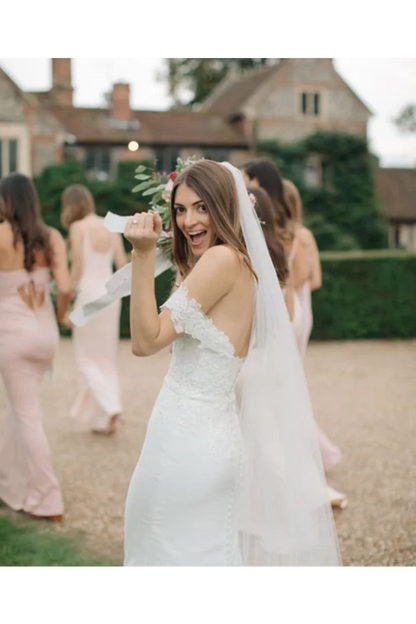 Off the shoulder sweetheart lace mermaid wedding dress with church style skirt