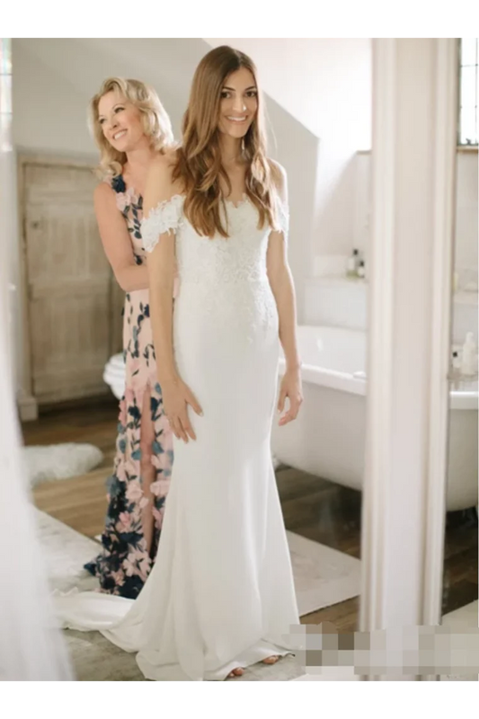 Off the shoulder sweetheart lace mermaid wedding dress with church style skirt