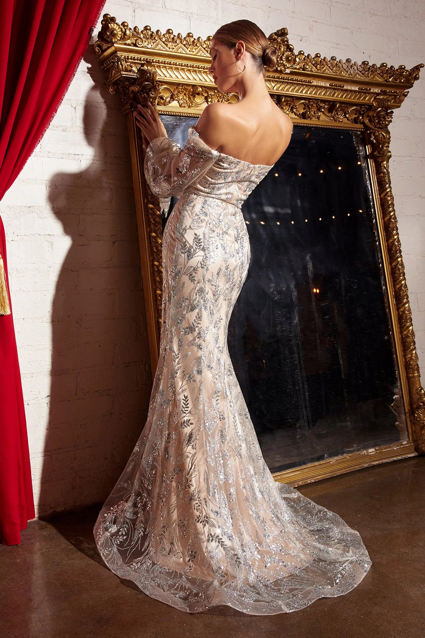 Off Shoulder Champagne Silver Embroidered Mermaid Evening Dresses with Floor-Length Train