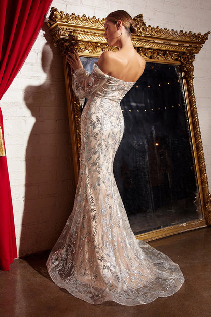 Off Shoulder Champagne Silver Embroidered Mermaid Evening Dresses with Floor-Length Train