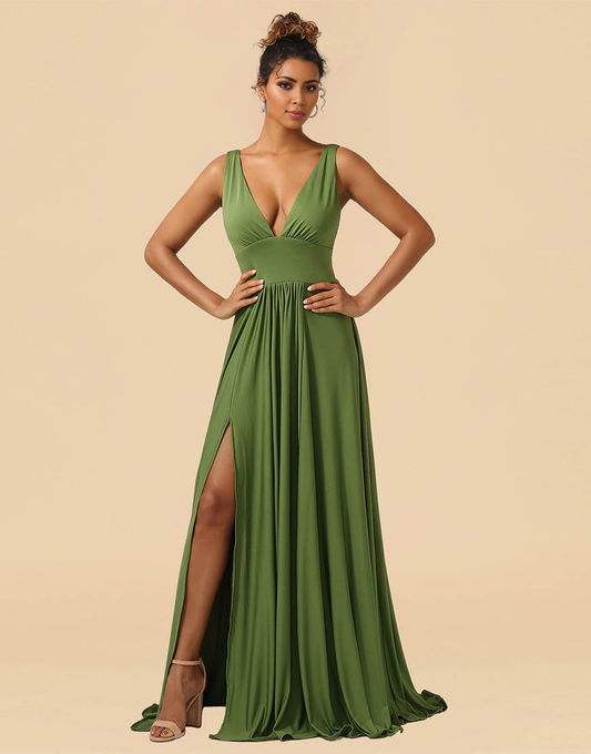 A-Line Deep V-neck Floor Length Spandex Bridesmaid Dress