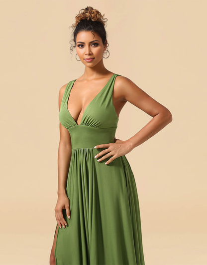 A-Line Deep V-neck Floor Length Spandex Bridesmaid Dress