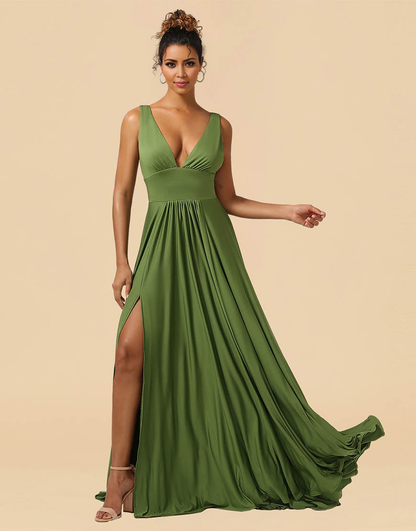 A-Line Deep V-neck Floor Length Spandex Bridesmaid Dress