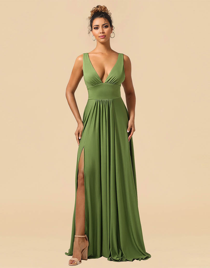 A-Line Deep V-neck Floor Length Spandex Bridesmaid Dress