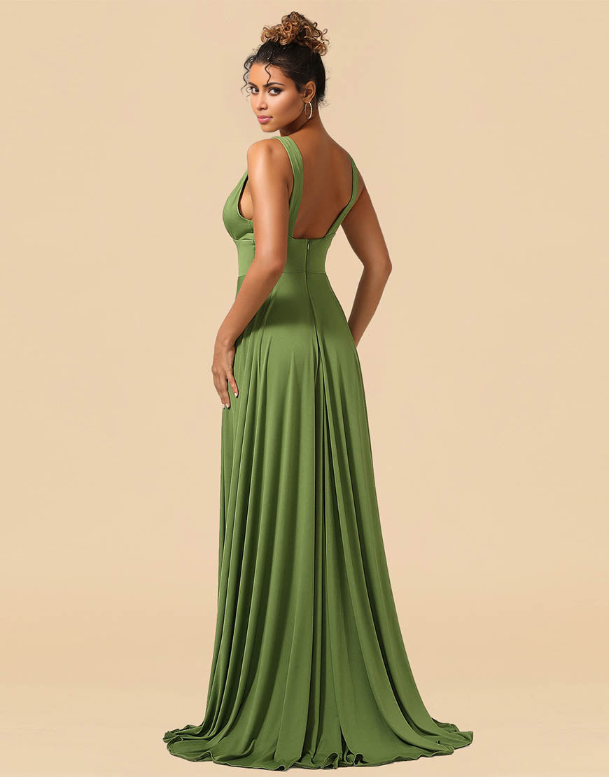 A-Line Deep V-neck Floor Length Spandex Bridesmaid Dress