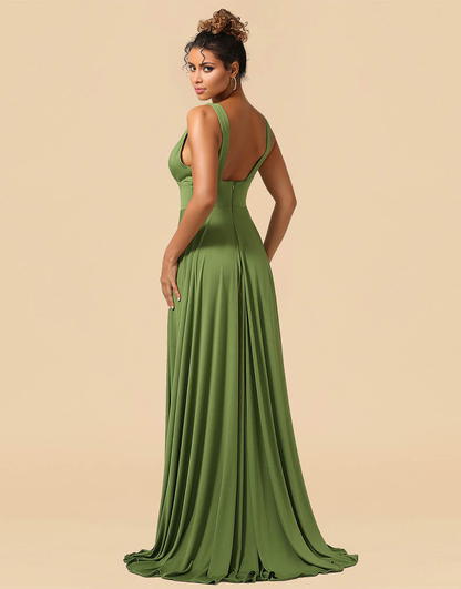 A-Line Deep V-neck Floor Length Spandex Bridesmaid Dress