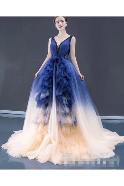 Advanced gradient A-line dance dress with pleated V-neck and long formal style