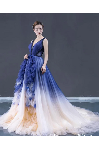 Advanced gradient A-line dance dress with pleated V-neck and long formal style