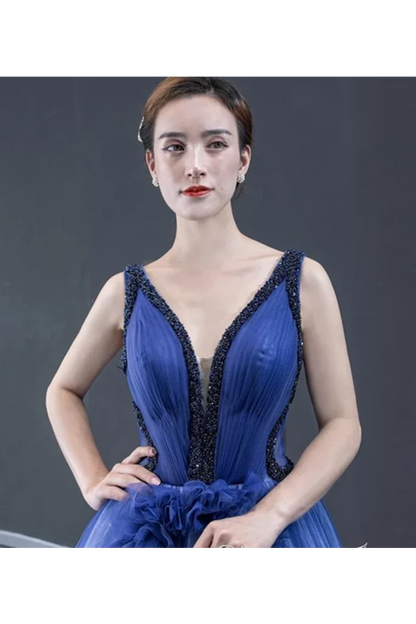 Advanced gradient A-line dance dress with pleated V-neck and long formal style