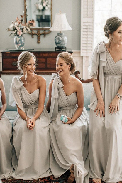 Elegant one shoulder A-line chiffon floor long dress paired with light gray camisole bridesmaid dress
