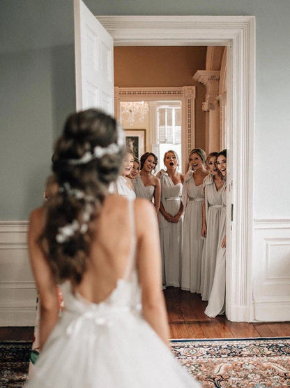 Elegant one shoulder A-line chiffon floor long dress paired with light gray camisole bridesmaid dress