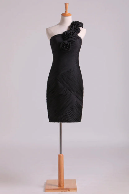 Handmade flower one shoulder chiffon pleated tight fitting short dress