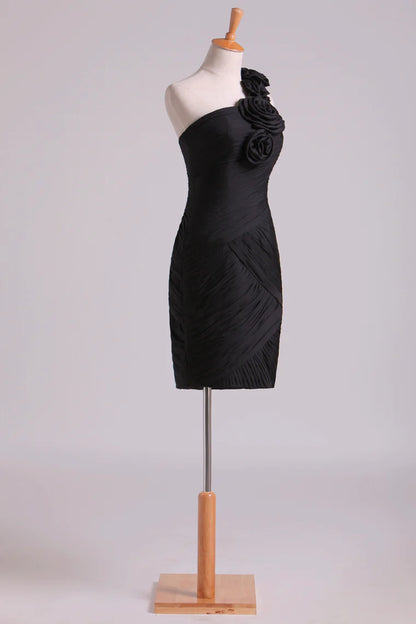 Handmade flower one shoulder chiffon pleated tight fitting short dress