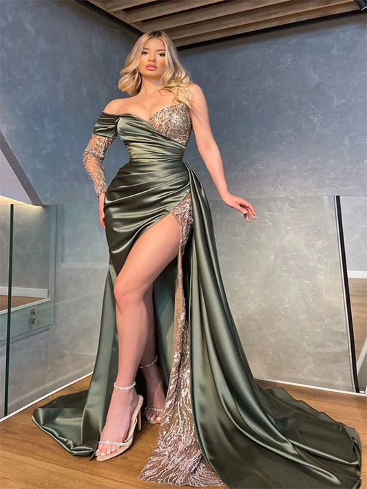 Sexy One Shoulder Satin A-line Sequins and Sleeves Ball Evening Dress