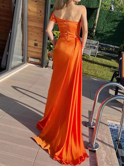 One-Shoulder Beaded Satin Evening Dresses (Orange)