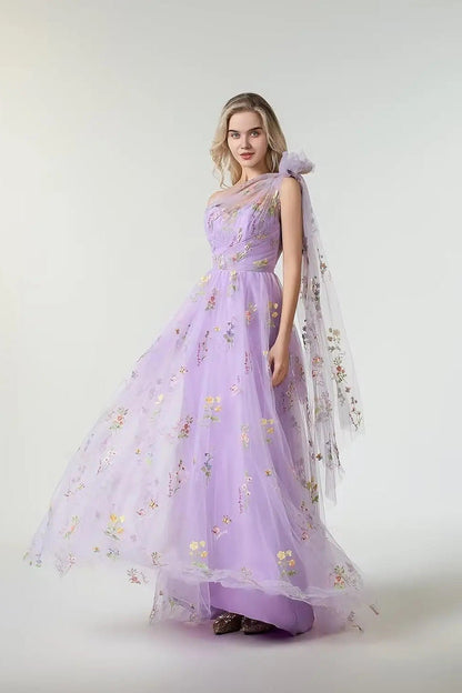 One-Shoulder Lavender Floral Embroidered Tulle Evening Dresses with Detachable Cape and Floor-Length Skirt