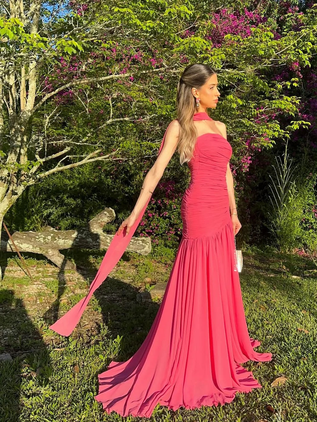 One-Shoulder Ruched Chiffon Mermaid Evening Dress with Sash and Train