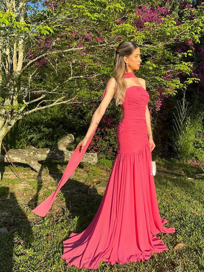One-Shoulder Ruched Chiffon Mermaid Evening Dress with Sash and Train