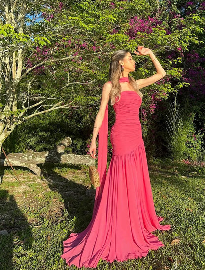 One-Shoulder Ruched Chiffon Mermaid Evening Dress with Sash and Train