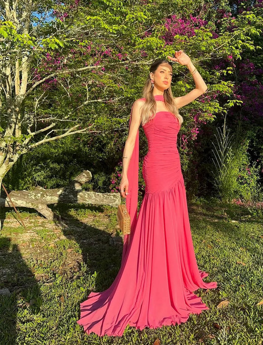 One-Shoulder Ruched Chiffon Mermaid Evening Dress with Sash and Train