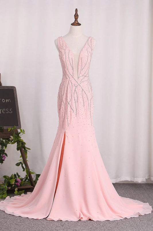 Elegant backless V-neck mermaid chiffon with beaded slim fitting party dress