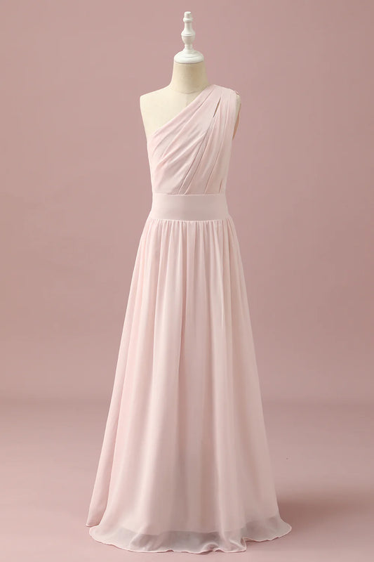 Sweet and Elegant Light Pink Chiffon One Shoulder Junior Bridesmaid Dress
