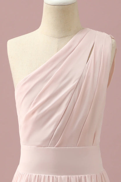 Sweet and Elegant Light Pink Chiffon One Shoulder Junior Bridesmaid Dress