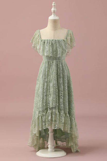 Green elegant lace square neck low cut teenage bridesmaid dress