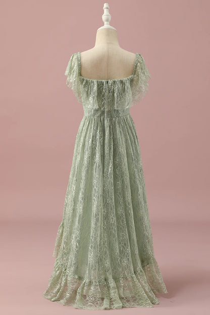 Green elegant lace square neck low cut teenage bridesmaid dress
