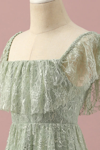 Green elegant lace square neck low cut teenage bridesmaid dress