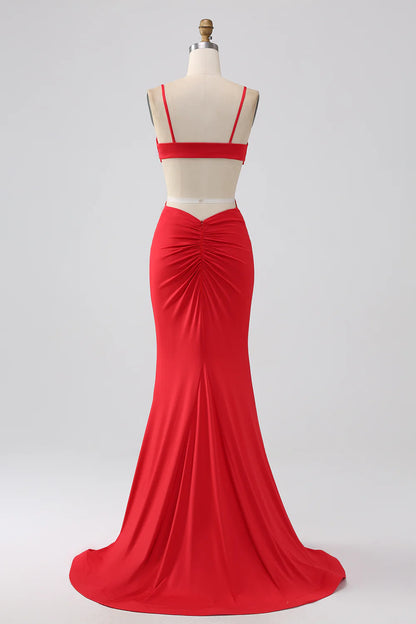 Italian Noodle Elegant Strap Mermaid Backless Red Long Ball Dress