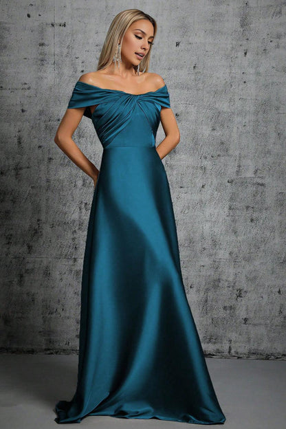 Peacock Blue Satin Off The Shoulder Pleated Formal Mother of the Bride Dress