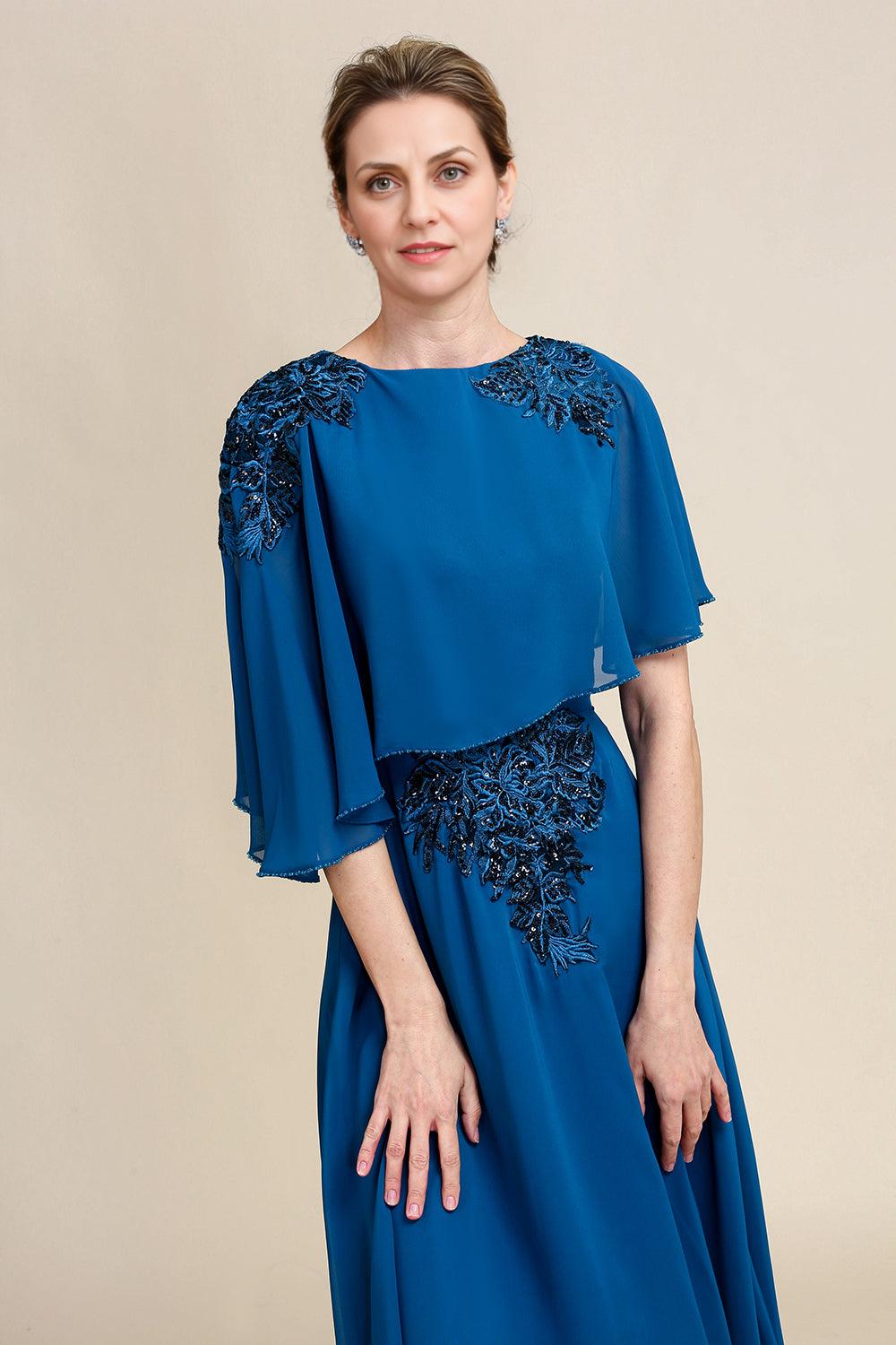 A Line Round Neck Long Mother of Bride Dress with Appliques