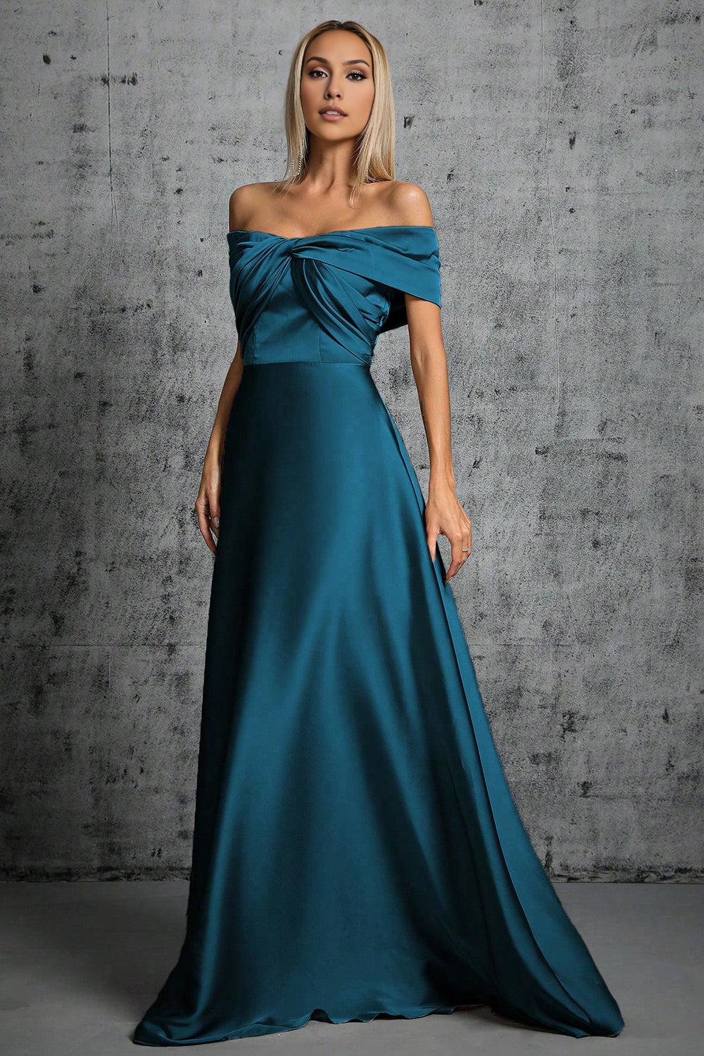 Peacock Blue Satin Off The Shoulder Pleated Formal Mother of the Bride Dress