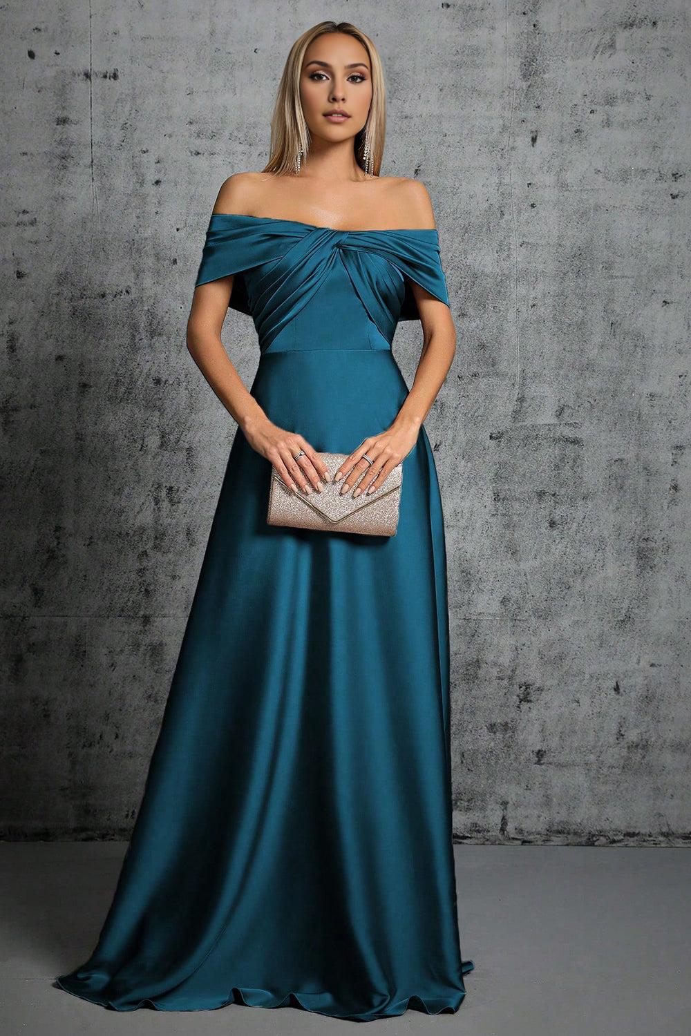 Peacock Blue Satin Off The Shoulder Pleated Formal Mother of the Bride Dress