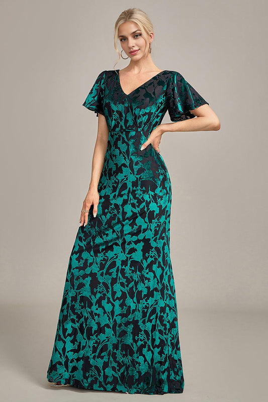 A-Line V Neck Velvet Mother of the Bride Dress With Short Sleeves