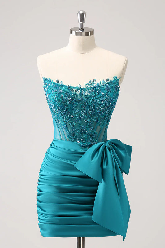Tight Strapless Corset Pleated Short Beaded Homecoming Dress with Bow