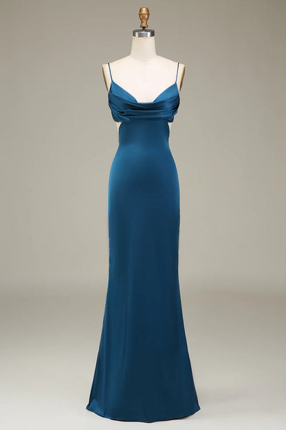 Peacock Spaghetti Straps Long Satin Bridesmaid Dress