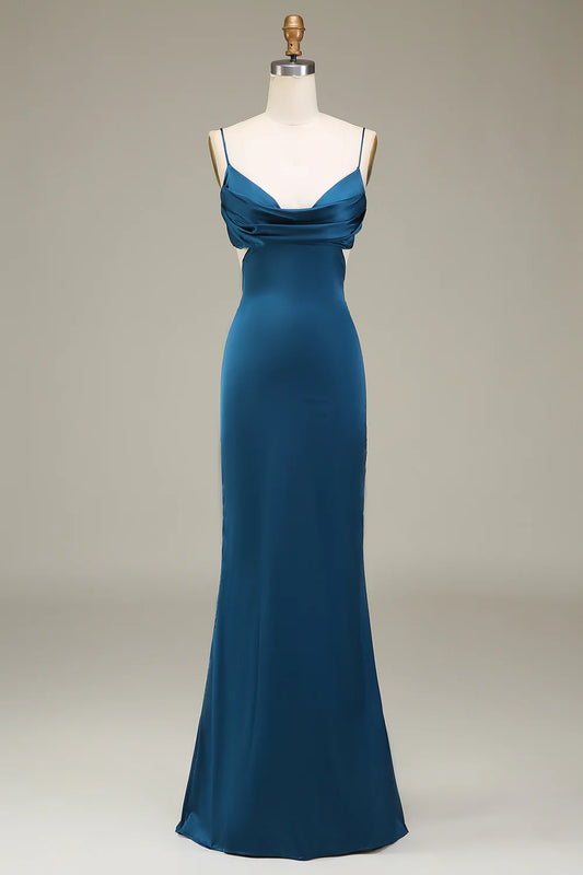 Peacock Spaghetti Straps Long Satin Bridesmaid Dress