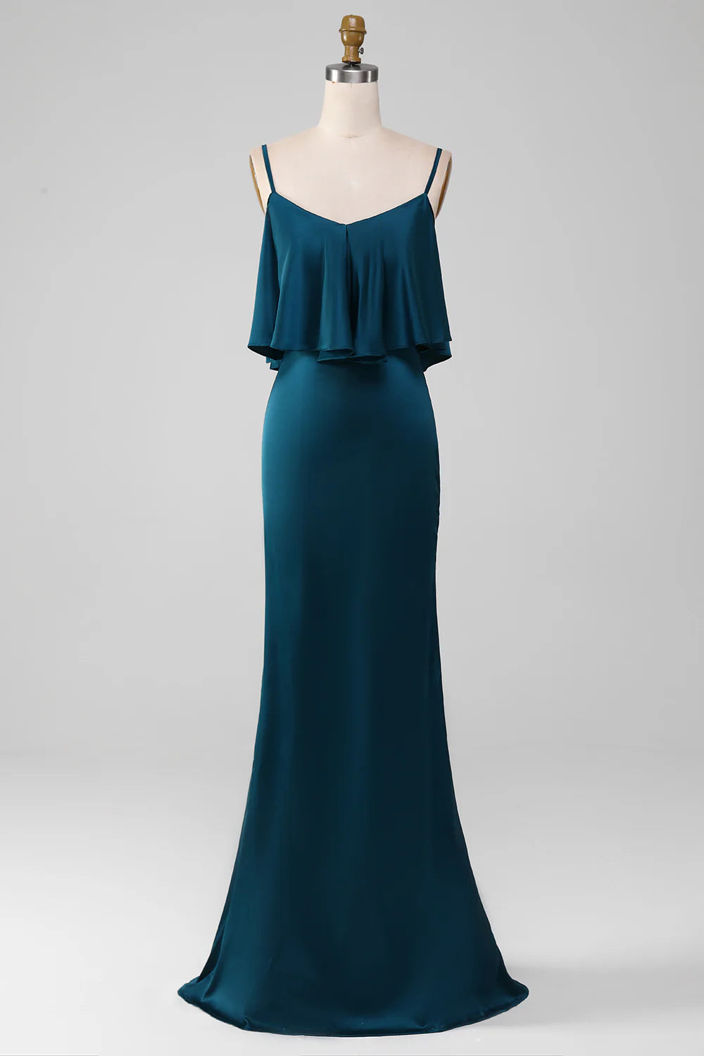 Sheath Spaghetti Straps Long Satin Bridesmaid Dress With Ruffles
