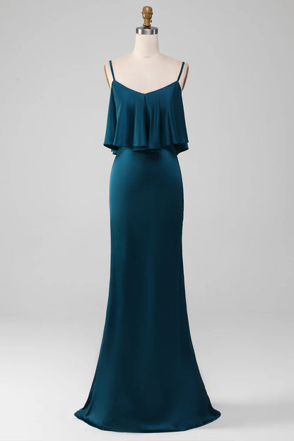 Sheath Spaghetti Straps Long Satin Bridesmaid Dress With Ruffles