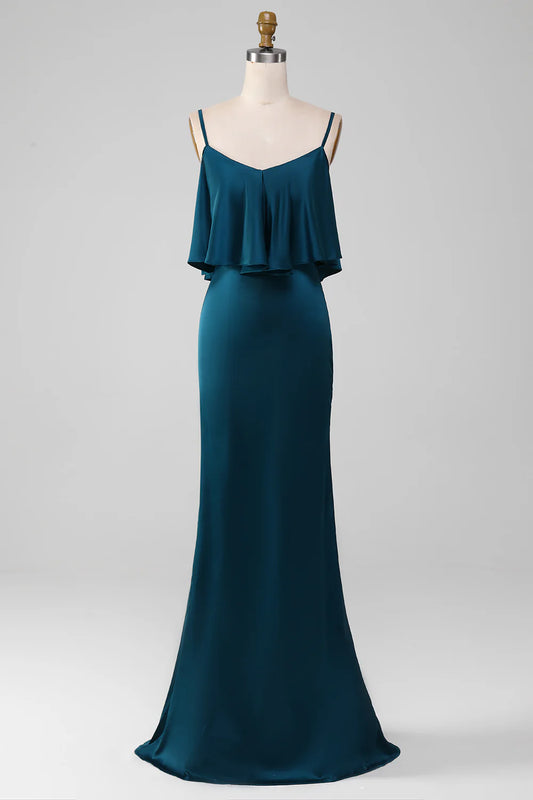 Sheath Spaghetti Straps Long Satin Bridesmaid Dress With Ruffles